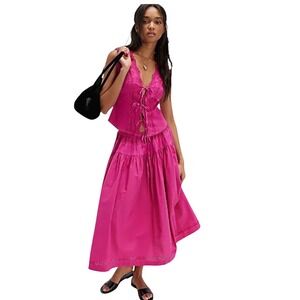 Free People Very Berry Pink Eyelet Lace Up Maxi Skirt Set Size M